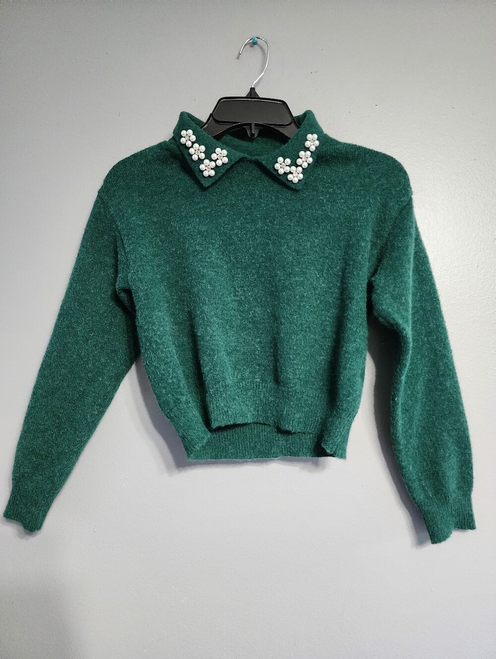 Copper Key Emerald Green Crewneck Sweater with Pearl-Cluster Collar